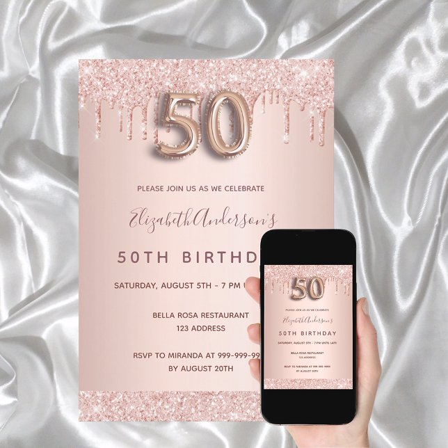 50-årsdagen ro guld glitter droppar rosa glam inbjudningar (Skapare uppladdad)