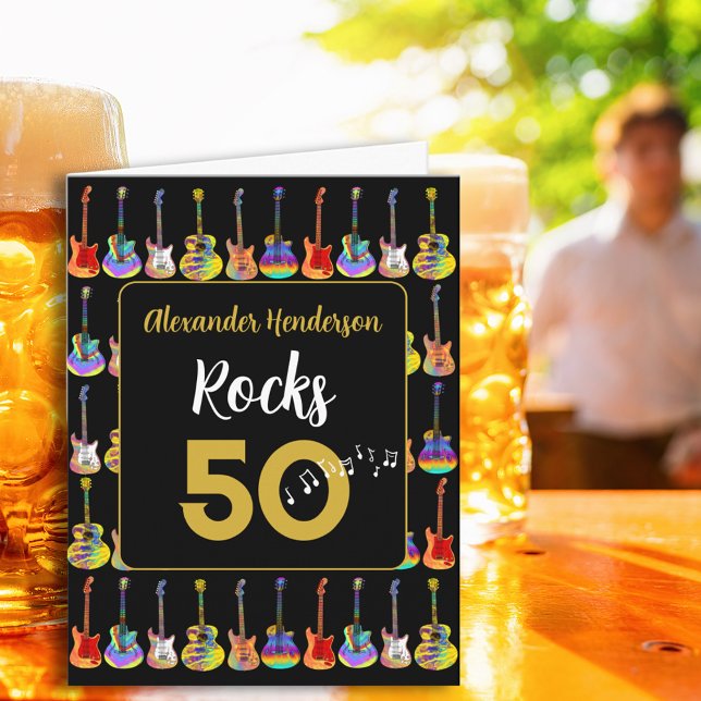 50-årsdagen Rock and roll Guitar add Namn Kort (Cool 50th birthday rock and roll guitar black and gold personalized greetings card)