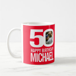 50-årsdagen röd vit anpassningsbar, foto namn kaffemugg
