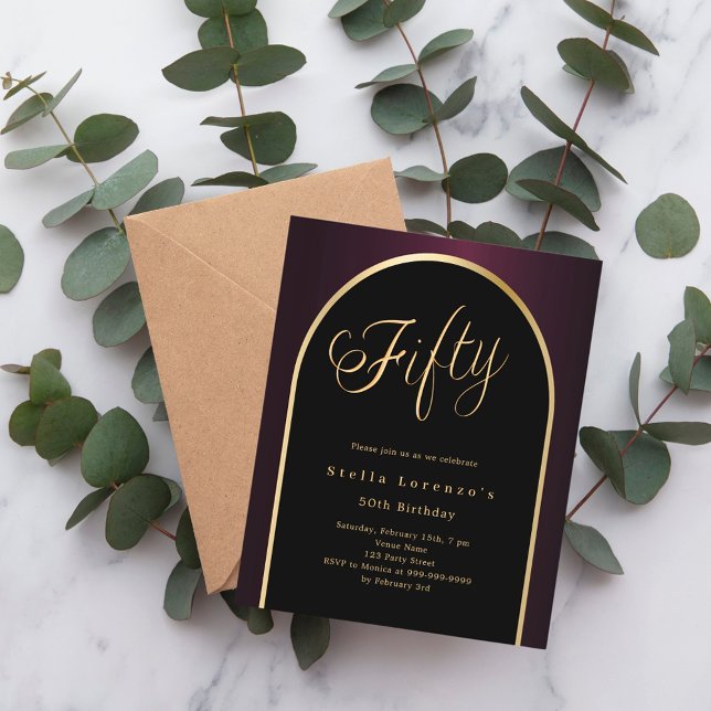 50-årsdagen Svart burgundy guld arch-inbjudan (Skapare uppladdad)