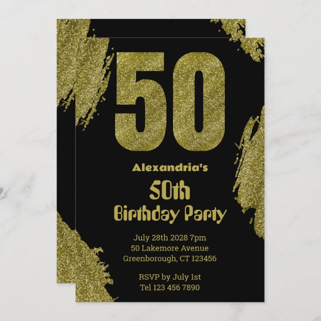 50-årsdagen svart guld glitter party inbjudningar (Fram/baksida)