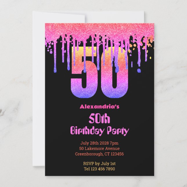 50-årsdagen svart shock rosa om glitter party inbjudningar (Framsida)