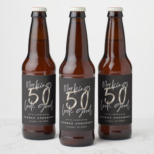 50-årsdagen svart silver, modernt elegant vin-labb ölflaska etikett (Flaskor)