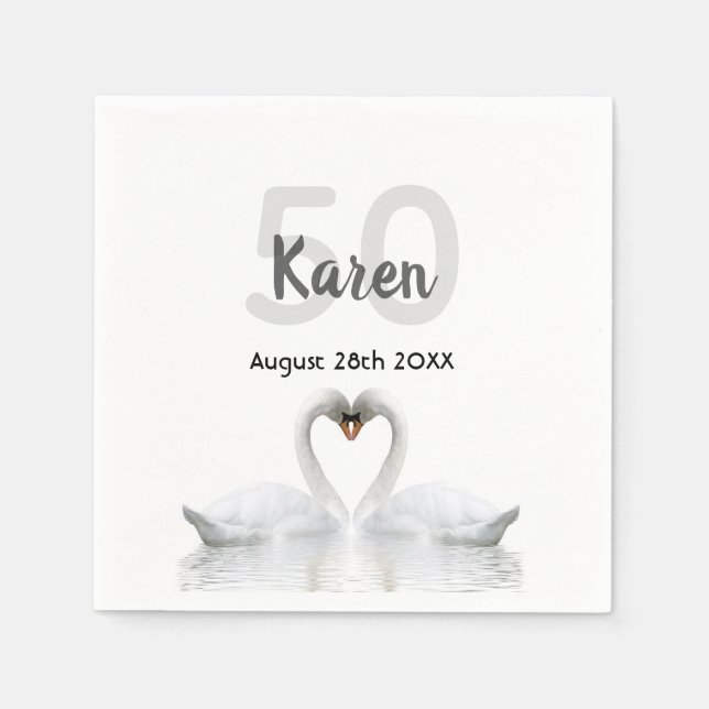50-årsdagen vit svanar svart namn elegant pappersservett (Framsidan)