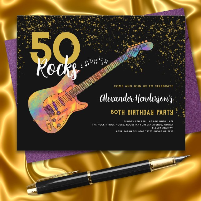 50-årsfest 50 stenar Guld Glitter Budget (Rock and Roll 50th birthday party black and gold glitter budget invitation funky electric guitar)