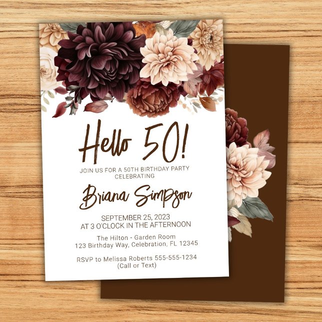 50-årsfest Bruna Beige Blommor Blommig Inbjudningar (Skapare uppladdad)