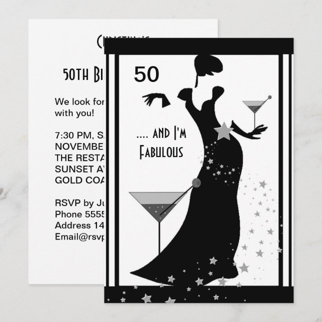 50-årsfest Diva Art déco Svart Vitt Inbjudningar (Fram/baksida)