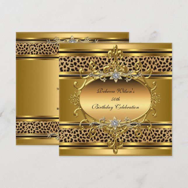 50-årsfest Elegant guld svart leopard 4 Inbjudningar (Fram/baksida)