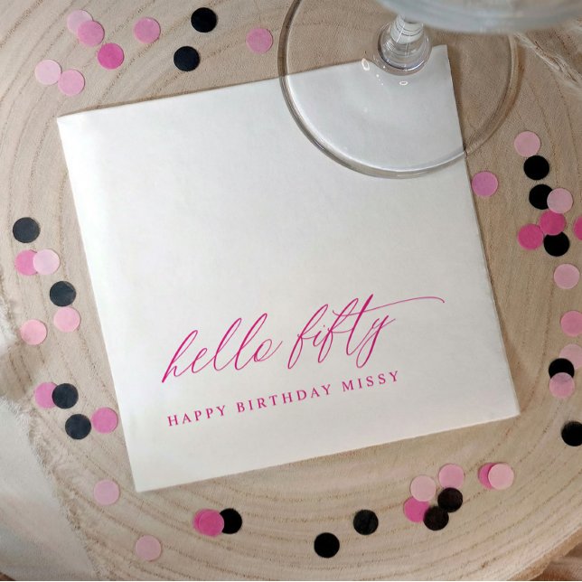 50-årsfest Färgglad rosa Hello 50 Modern Pappersservett (Pink hello 50 stylish script 50th birthday party napkins)