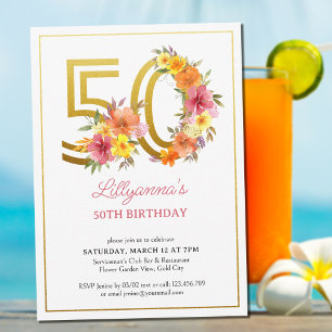 50-årsfest Firande Vacker Blommig Guld Nummer 50 Inbjudningar