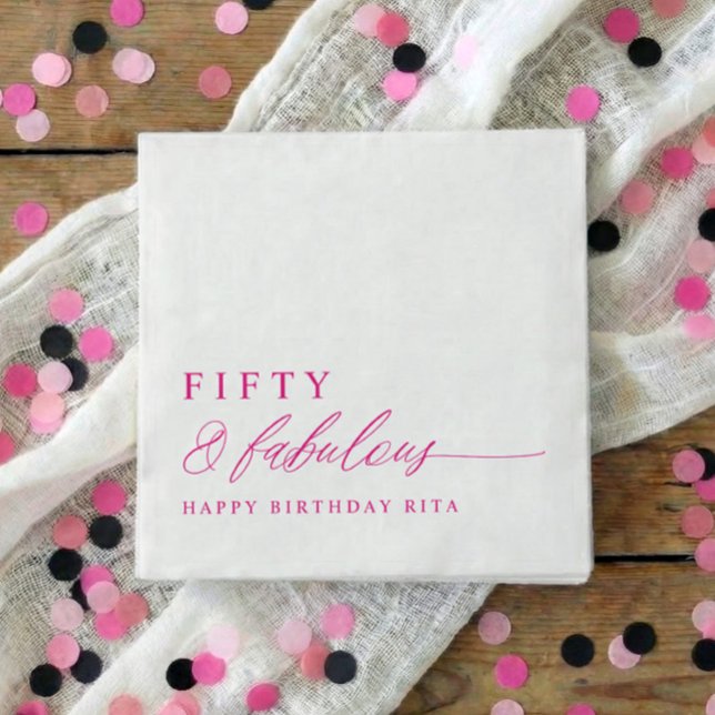 50-årsfest Fiskal Femtio & Fantastisk Modern Pappersservett (Pink 50th birthday party napkins - fifty & fabulous in hot pink / magenta)