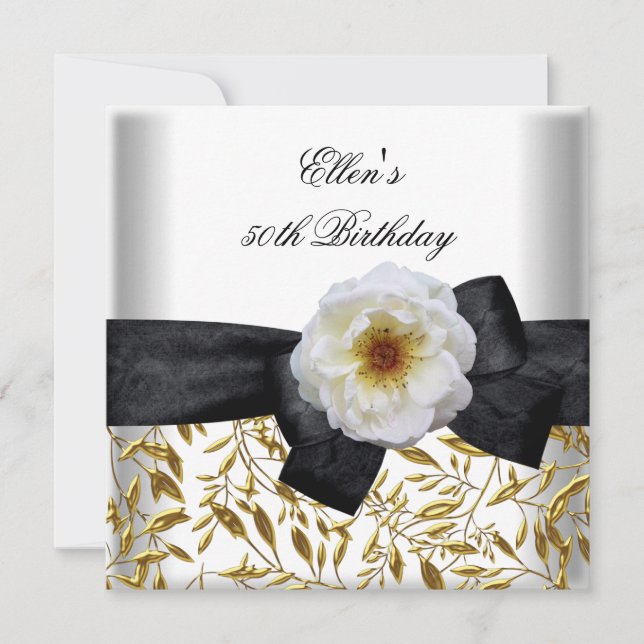 50-årsfest födelsedag Vit Guld Blomma Svart Slinga Inbjudningar (Framsida)