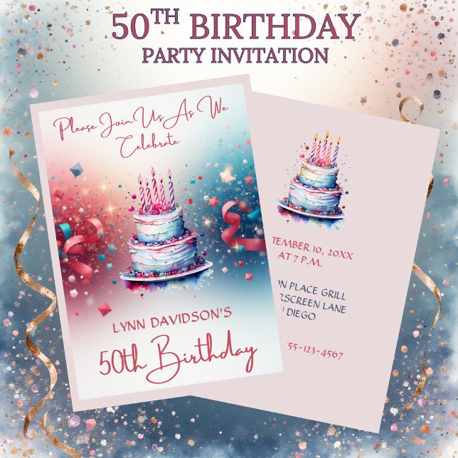 50-årsfest födelsedagsfest Rosa akvarell Inbjudningar (50th Birthday Party Invitation Pink Watercolors)