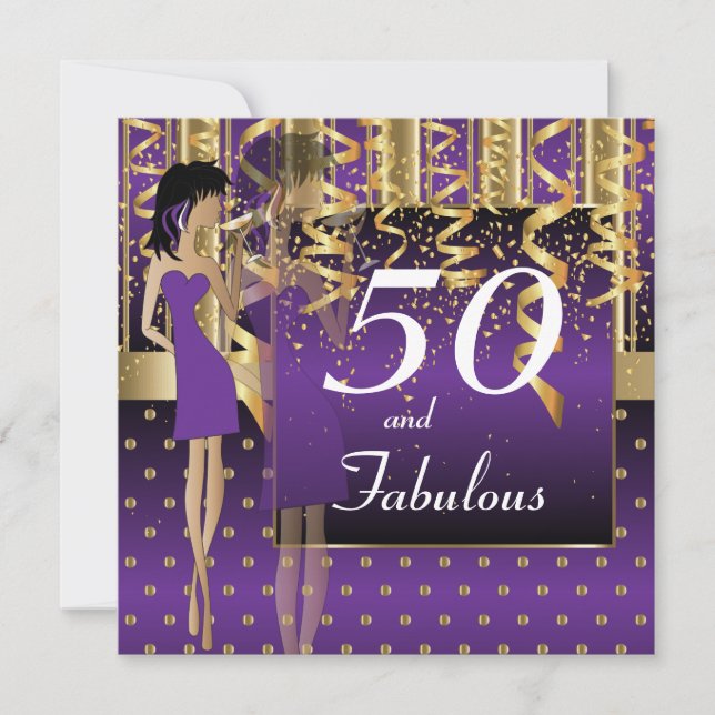 50-årsfest för tjejgäng | Lila & Guld Inbjudningar (Framsida)