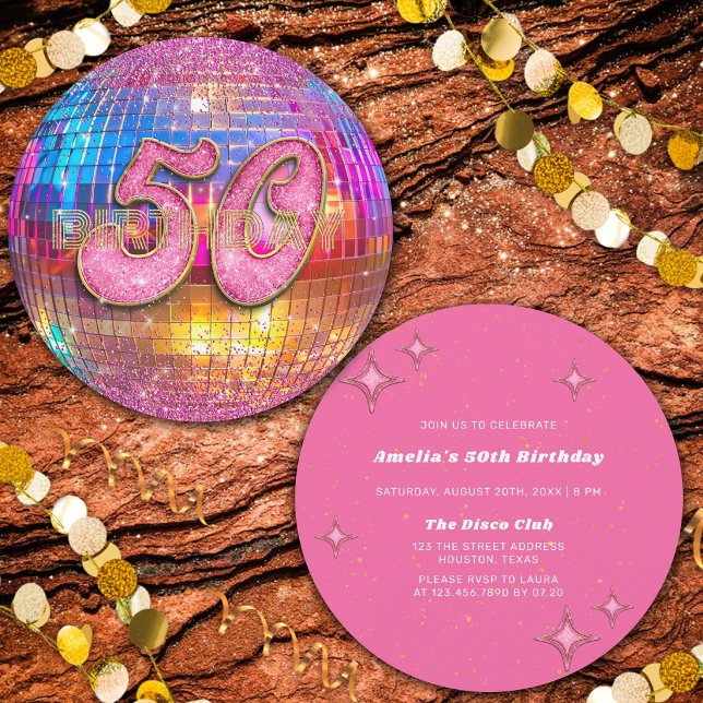 50-årsfest Glitter Rosa Diskokula Guld Inbjudningar (Skapare uppladdad)