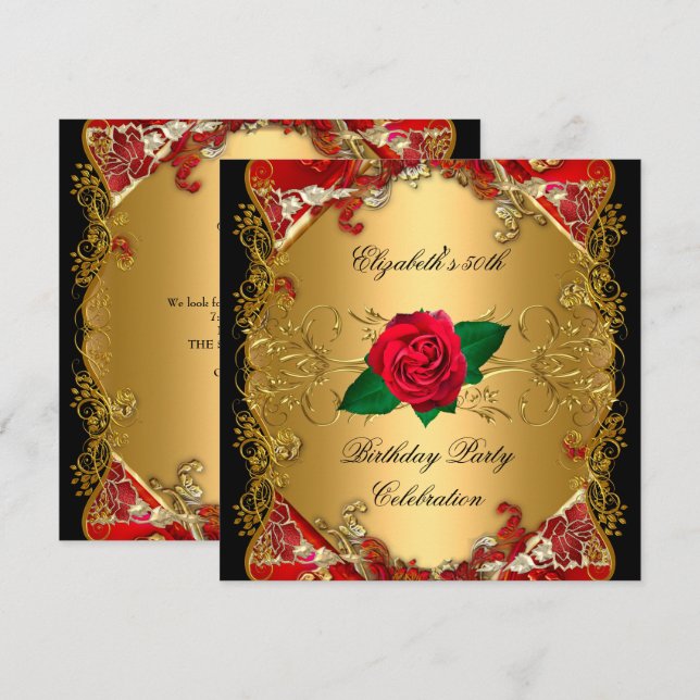 50-årsfest Gold Black Red Rosor Inbjudningar (Fram/baksida)