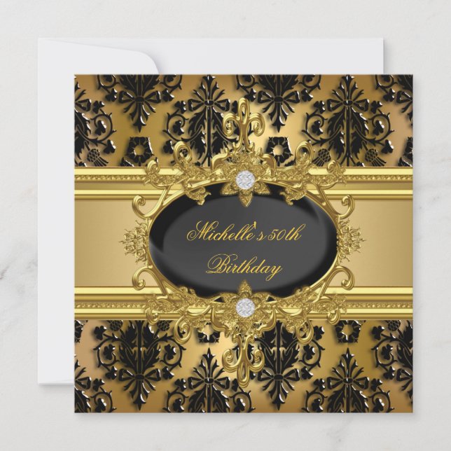 50-årsfest Gold Damask Svart 2 Inbjudningar (Framsida)
