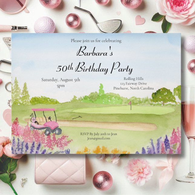 50-årsfest Pink golfvagn golfbana Inbjudningar (Skapare uppladdad)