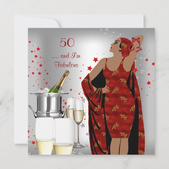 50-årsfest Retro Diva Art Deco Röd Silver Inbjudningar (Framsida)