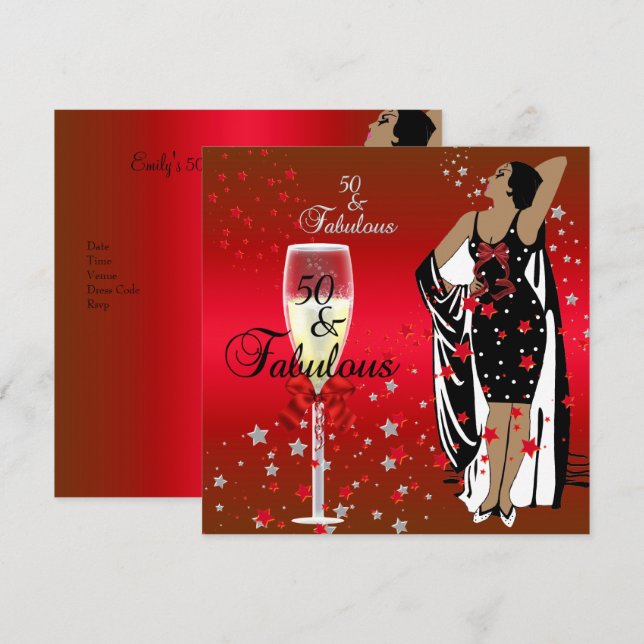 50-årsfest Retro Diva Art Deco Röd Svart Inbjudningar (Fram/baksida)