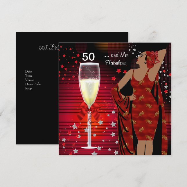 50-årsfest Retro Diva Art Deco Röd Vit Inbjudningar (Fram/baksida)