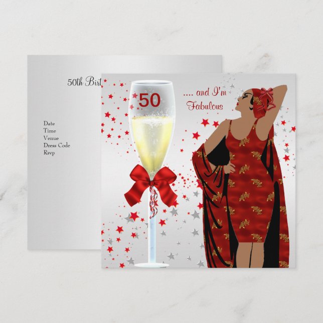 50-årsfest Retro-Diva Art Deco Röd Vit Inbjudningar (Fram/baksida)