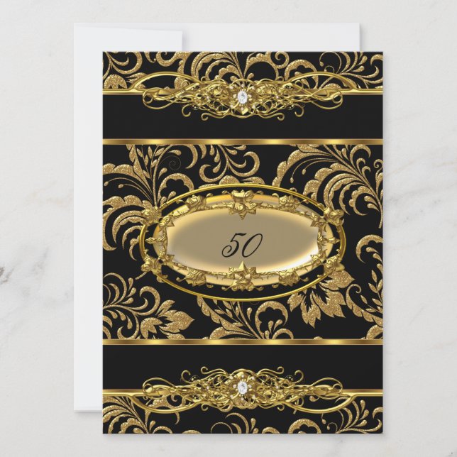 50-årsfest Svart Guld Damask Blommig Inbjudningar (Framsida)