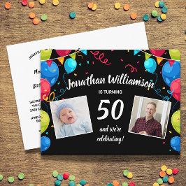 50-årsfestinbjudan, 2 bilder, ballonger vykort