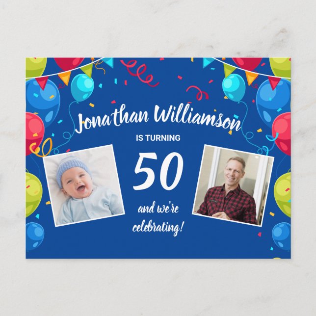 50-årsfestinladning, 2 foton, ballonger vykort (Framsida)