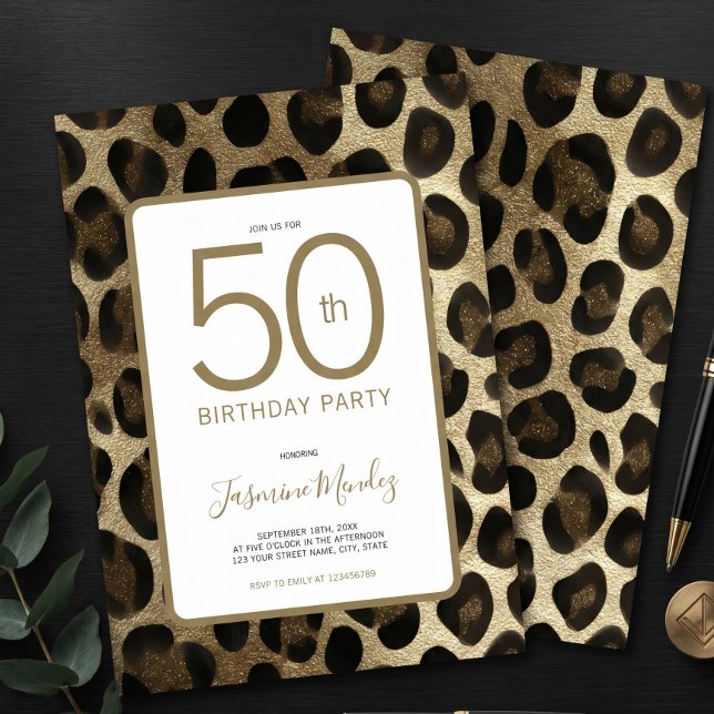 50-årsfestinladning Leopardtryck Guld  Inbjudningar (Skapare uppladdad)