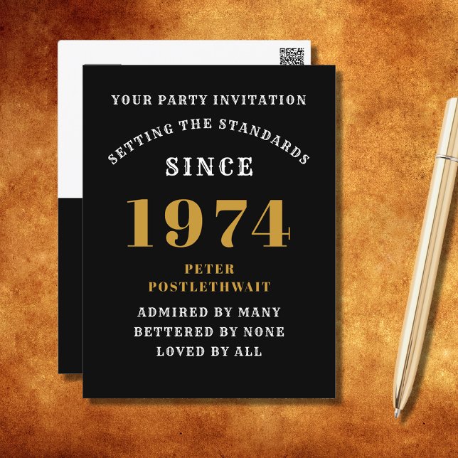 50-årsfirande 1974 Svart Guld Inbjudan (Elegant Black and Gold 50th Birthday Invitation - Create Your Own Personalized Design. )