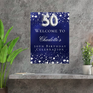 50-årsfirande blå silverstjärnor välkomstfest poster