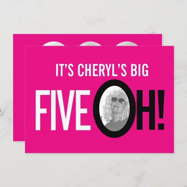 50-årsfirande FIVE OH! foto rosa retro landskap Inbjudningar (Fram/baksida)