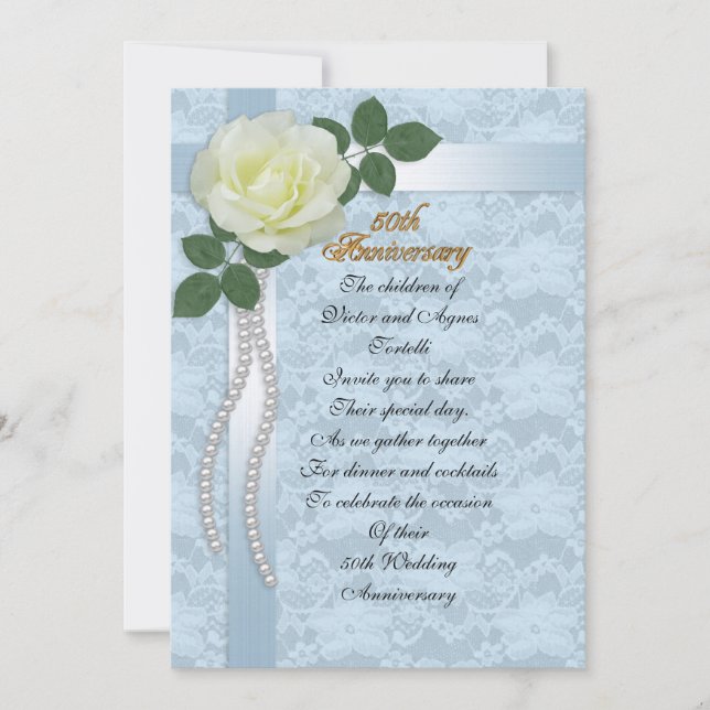50-årsfirande för föräldrar blå spets, ros inbjudningar (Framsida)