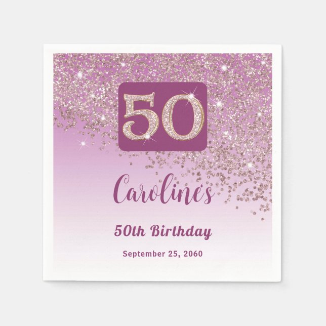 50-årsfirande Gnistrande Rosa Guldglitter Pappersservett (Framsidan)