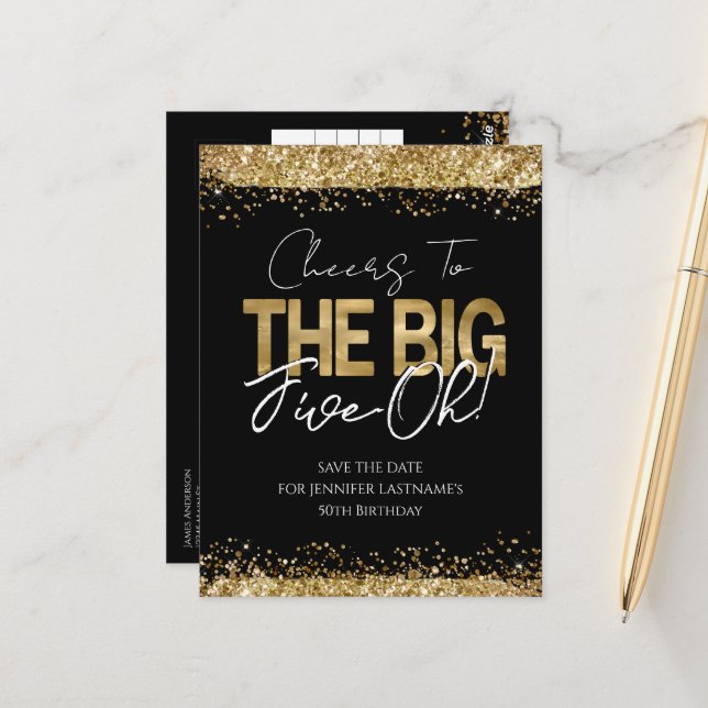50-årsfirande Guld Svart Save the Date Postkort Vykort (Fram/Back In Situ)
