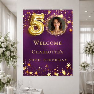 50-årsfirande lila guldstjärnor foto välkomstskylt poster