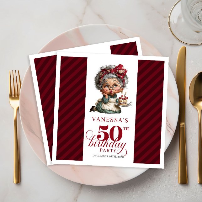 50-årsfirande Roliga Gamla Damar Excentriska Pappe Pappersservett (funny 50th birthday, 
trendy colors burgundy red, 
whimsical humor,
quirky bored, 
editable personal)
