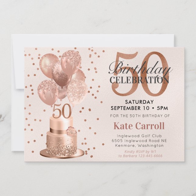 50-årsfirande Rose Gold Tårta Inbjudningar (Framsida)