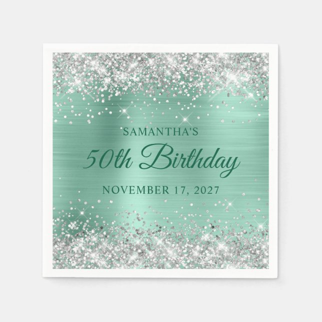 50-årsfirande Silver Glitter Ljus Teal Folie Pappersservett (Framsidan)