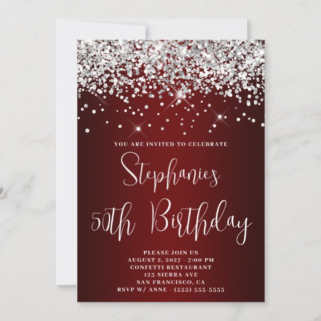 50-årsfirande Silver Glitter Mörk Röd Ombre Inbjudningar (Framsida)