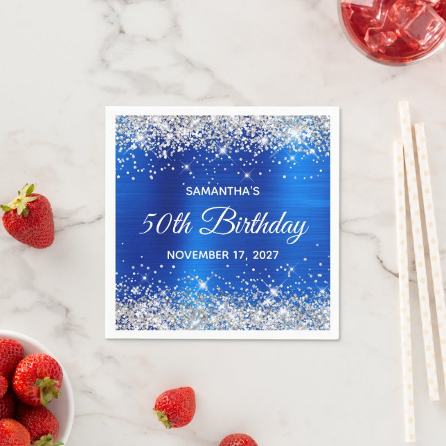 50-årsfirande Silver Glitter Royal Blå Folie Pappersservett (Insitu)