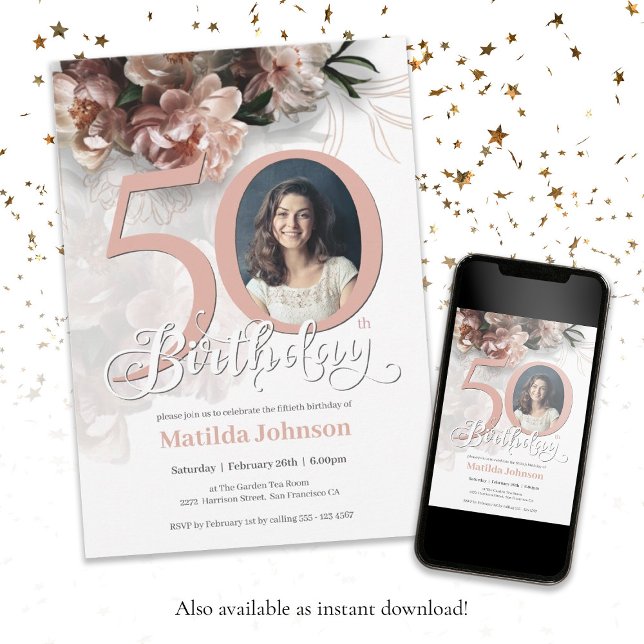 50-årsfirande Vit Blommig Mjuk Rosa Elegant Foto Inbjudningar (50th Birthday White Floral Soft Pink Elegant Photo Invitation)