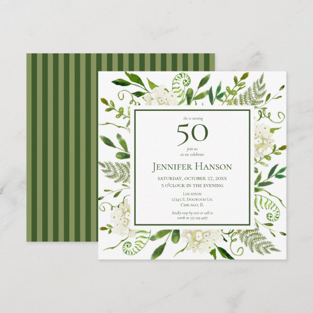 50-årsfirande Vita Hydrangeor Inbjudningar (Fram/baksida)