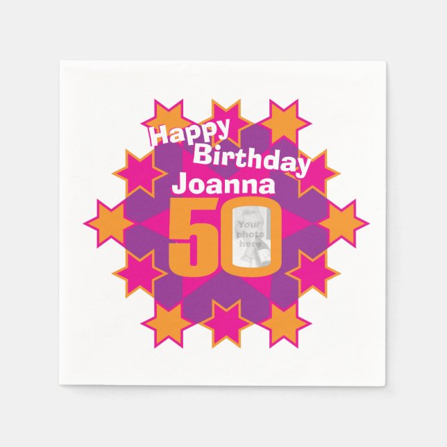 50-årsfoto och namn rosa stjärna pappersservett (Framsidan)