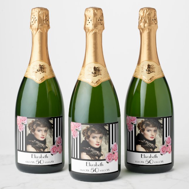 50-årsfoto på svartvit rand-blommigt (Flaskor)