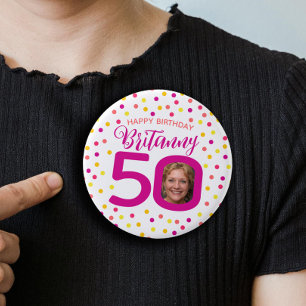 50-årsfoto rosa golden gult confietti knapp
