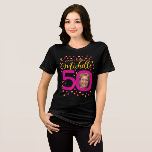 50-årsfoton gult för rosa konetti-punkter t shirt
