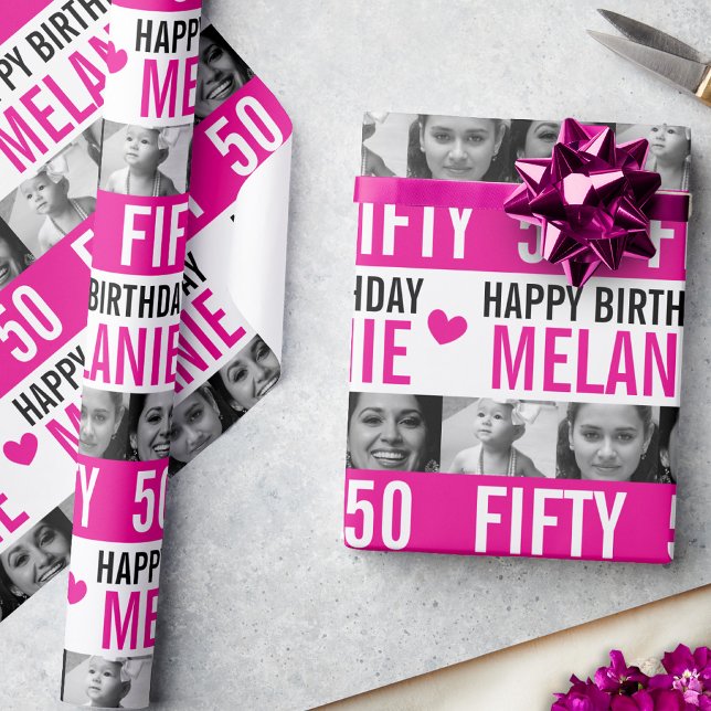 50-årsfoton rosa svartvit rand presentpapper (Skapare uppladdad)