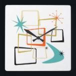 50-årsjubileet Atomic Squares Boomerang Starburst  Fyrkantig Klocka<br><div class="desc">Lägg till stänk i roligt och färg i muren med den här fantastiska atomeran i mitten av århundradet,  modern väggklocka! Den här designen har abstrakt-fyrkanter,  stjärnsprängningar och en bomerang i färgen av orange,  turkos,  grädde,  guld och svart... Så funky!</div>